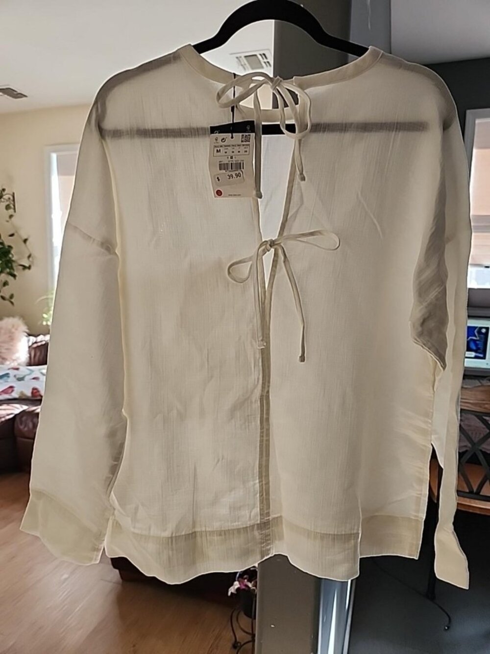 ZARA Women's white Sheer Long Sleeve Blouse with Tie Back – Size M – NWT